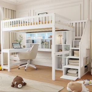 Hoogslaper 140×200 cm, met LED, opbergladder, planken, lades, bureau, grenen, wit (251x145x165 cm)