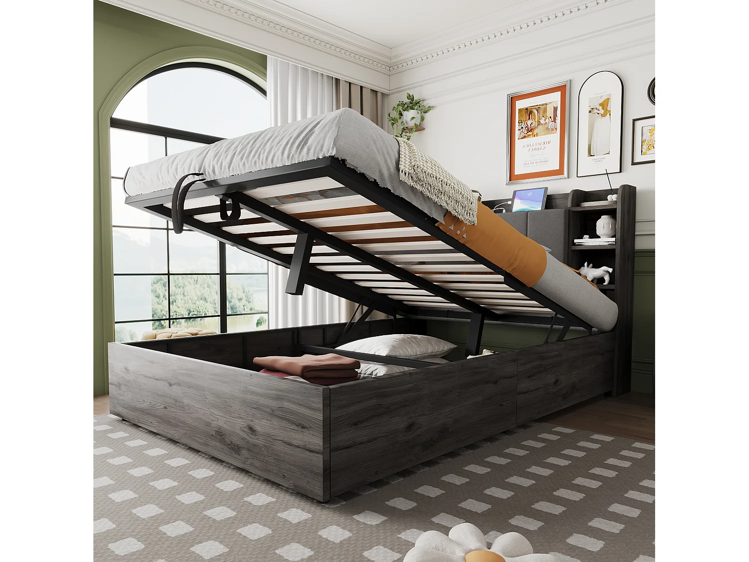 Hydraulisch bed 140 x 200 cm, hoofdeinde met opbergruimte, USB- en Tape-C-aansluiting, MDF, grijs (221x144,5x99,5 cm)