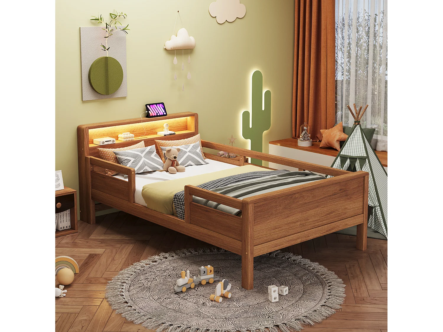 Houten bed 90 x 200 cm, met USB- en Type-C-aansluiting, kleine LED, hoofdeinde met opbergruimte, multifunctioneel, grenenhout (212x96x80 cm)