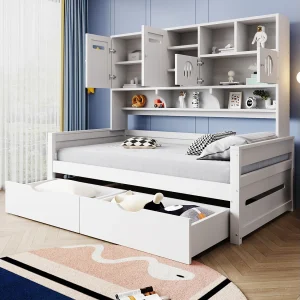 Houten slaapbank met multifunctionele opbergruimte, grote lade, eenpersoonsbed, wit (205×94,5×165,8 cm) Houten slaapbank met multifunctionele opbergruimte, grote lade, eenpersoonsbed, wit (205×94,5×165,8 cm)