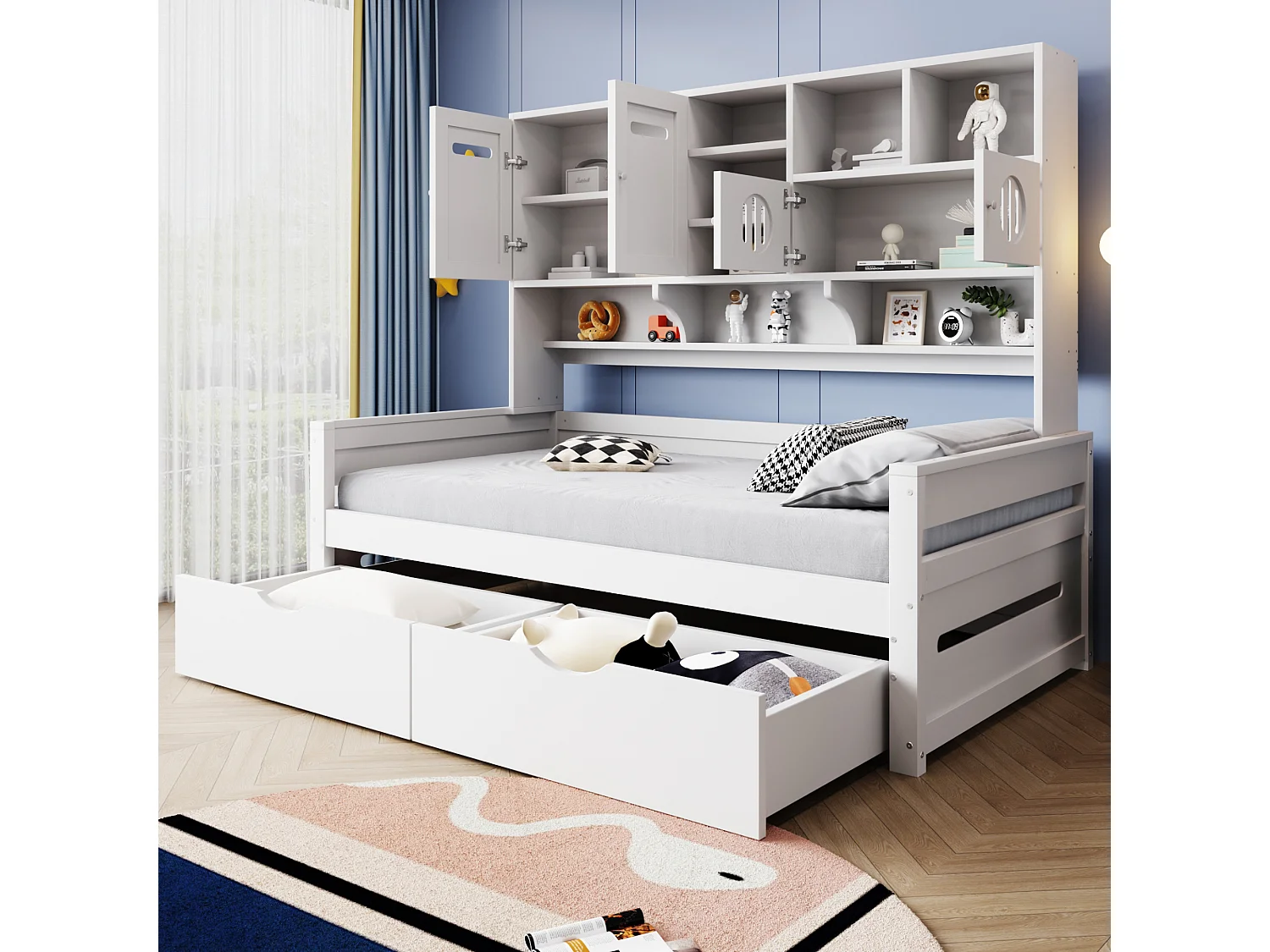 Houten slaapbank met multifunctionele opbergruimte, grote lade, eenpersoonsbed, wit (205x94,5x165,8 cm)