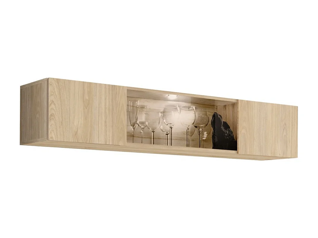 Horizontale vitrinekast FLY – 1 deels glazen deur met LED – Licht eiken