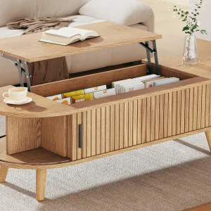 In hoogte verstelbare salontafel 120x50x39,5 cm – 2 deuren – Verborgen opbergruimte – Poten van massief hout – Natuur In hoogte verstelbare salontafel 120x50x39,5 cm – 2 deuren – Verborgen opbergruimte – Poten van massief hout – Natuur
