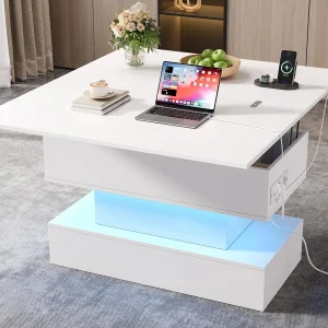 In hoogte verstelbare salontafel 100x50x51,5 cm – met USB- en Type-C-poorten – met LED-verlichting – Wit In hoogte verstelbare salontafel 100x50x51,5 cm – met USB- en Type-C-poorten – met LED-verlichting – Wit