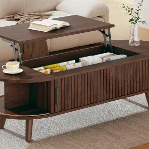 In hoogte verstelbare salontafel 120x50x39,5 cm – 2 deuren – Verborgen opbergruimte – Poten van massief hout – Bruin In hoogte verstelbare salontafel 120x50x39,5 cm – 2 deuren – Verborgen opbergruimte – Poten van massief hout – Bruin