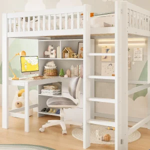 Hoge bed 90×200 cm – meerdere opbergruimtes – met ladder + bureau – met 3 laden – wit (matras niet inbegrepen) Hoge bed 90×200 cm – meerdere opbergruimtes – met ladder + bureau – met 3 laden – wit (matras niet inbegrepen)