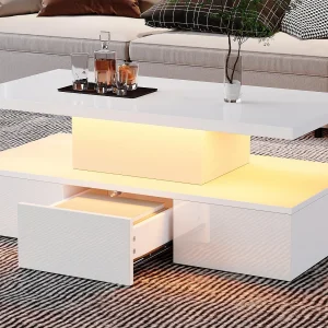 Hoge glans salontafel 100x50x39 cm – met 1 lade – LED-verlichting – Open opbergruimte – Wit Hoge glans salontafel 100x50x39 cm – met 1 lade – LED-verlichting – Open opbergruimte – Wit