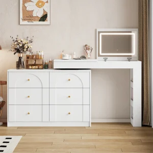 Kaptafel met 7 lades + planken en opklapbare spiegel – 105 x 40 x 80 cm – LED's – spaanplaat – spaanplaat – Wit