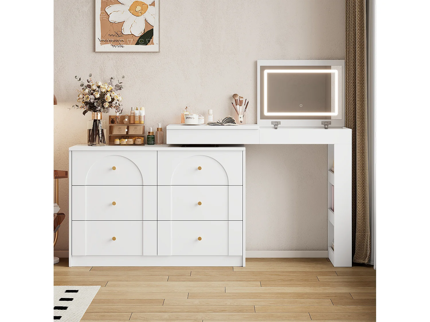 Kaptafel met 7 lades + planken en opklapbare spiegel - 105 x 40 x 80 cm - LED's - spaanplaat - spaanplaat - Wit