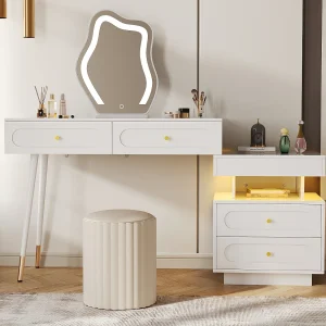 Kaptafelset met LED-spiegel en verlichting – met 4 lades + 1 open – 140 x 40 x 130 cm – spaanplaat – Wit
