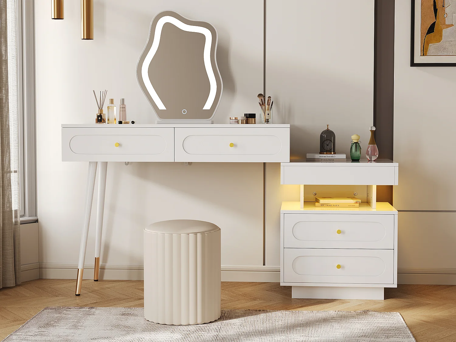 Kaptafelset met LED-spiegel en verlichting - met 4 lades + 1 open - 140 x 40 x 130 cm - spaanplaat - Wit