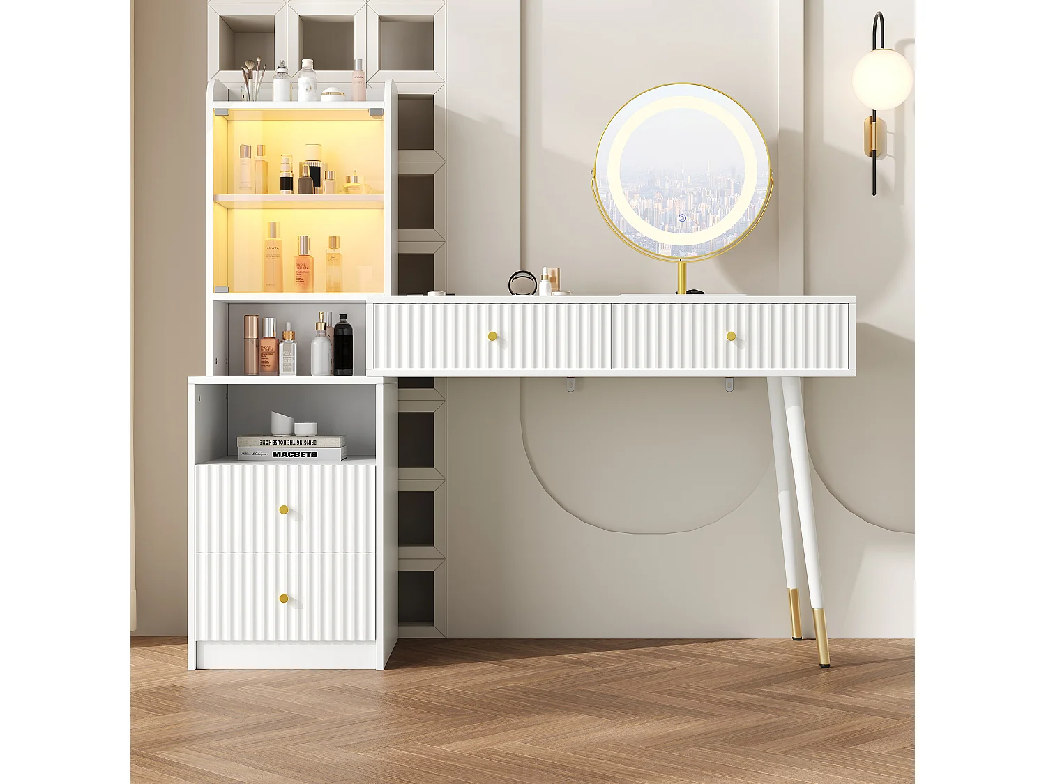 Kaptafelset met LED-spiegel + 4 lades + verlichte kast met glazen deur - 100 x 40 x 125 cm - spaanplaat - Wit