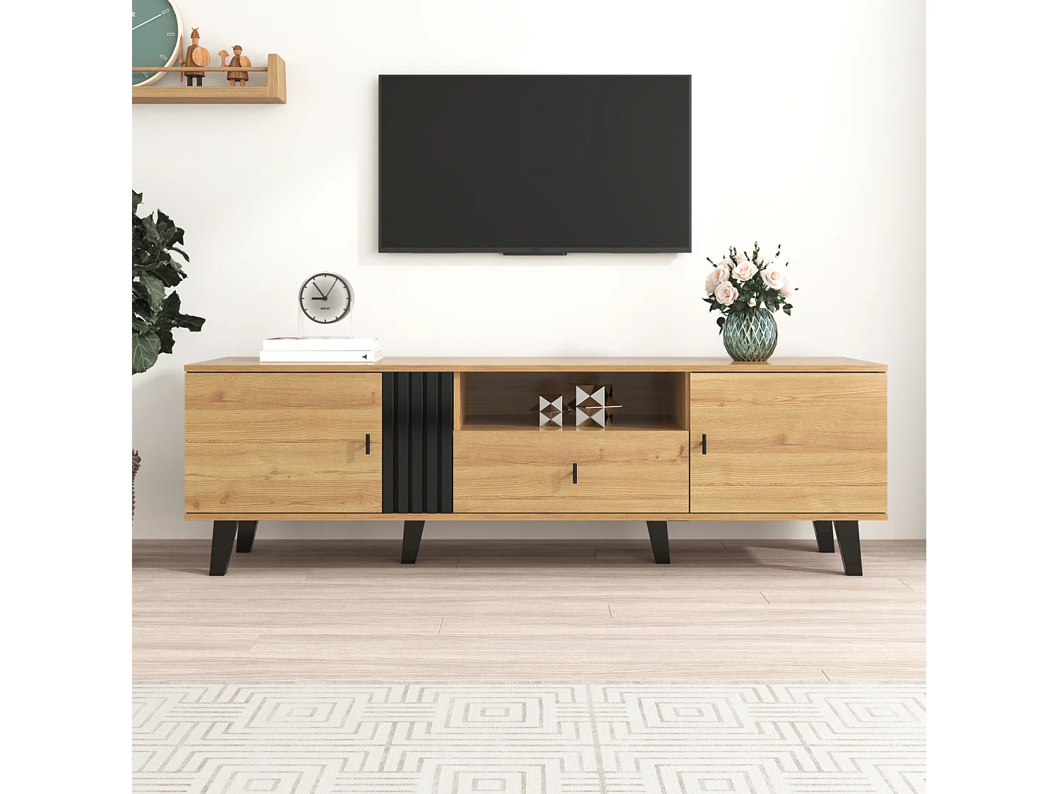 Houten en zwarte tv-standaard, tv-meubel voor de woonkamer met 1 lade en 1 vak, tv-bank 170 x 40 x 50 cm, bruin