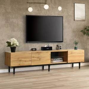 Houten tv-meubel met ledverlichting, deuren en opbergvak, voor woonkamer, eetkamer of slaapkamer, hout, 180 cm Houten tv-meubel met ledverlichting, deuren en opbergvak, voor woonkamer, eetkamer of slaapkamer, hout, 180 cm