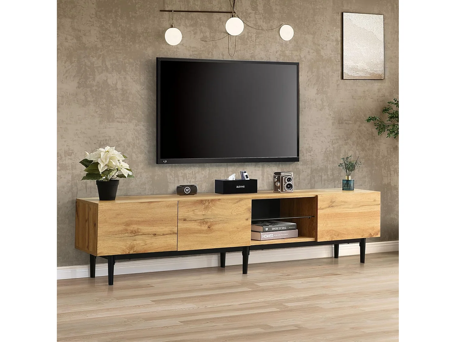 Houten tv-meubel met ledverlichting, deuren en opbergvak, voor woonkamer, eetkamer of slaapkamer, hout, 180 cm