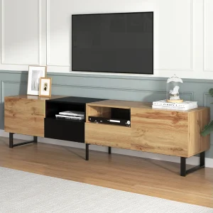Houten tv-meubel, 2 deuren en 2 lades, opbergruimte voor woonkamer of slaapkamer, 190x38x48 cm, hout en zwart Houten tv-meubel, 2 deuren en 2 lades, opbergruimte voor woonkamer of slaapkamer, 190x38x48 cm, hout en zwart