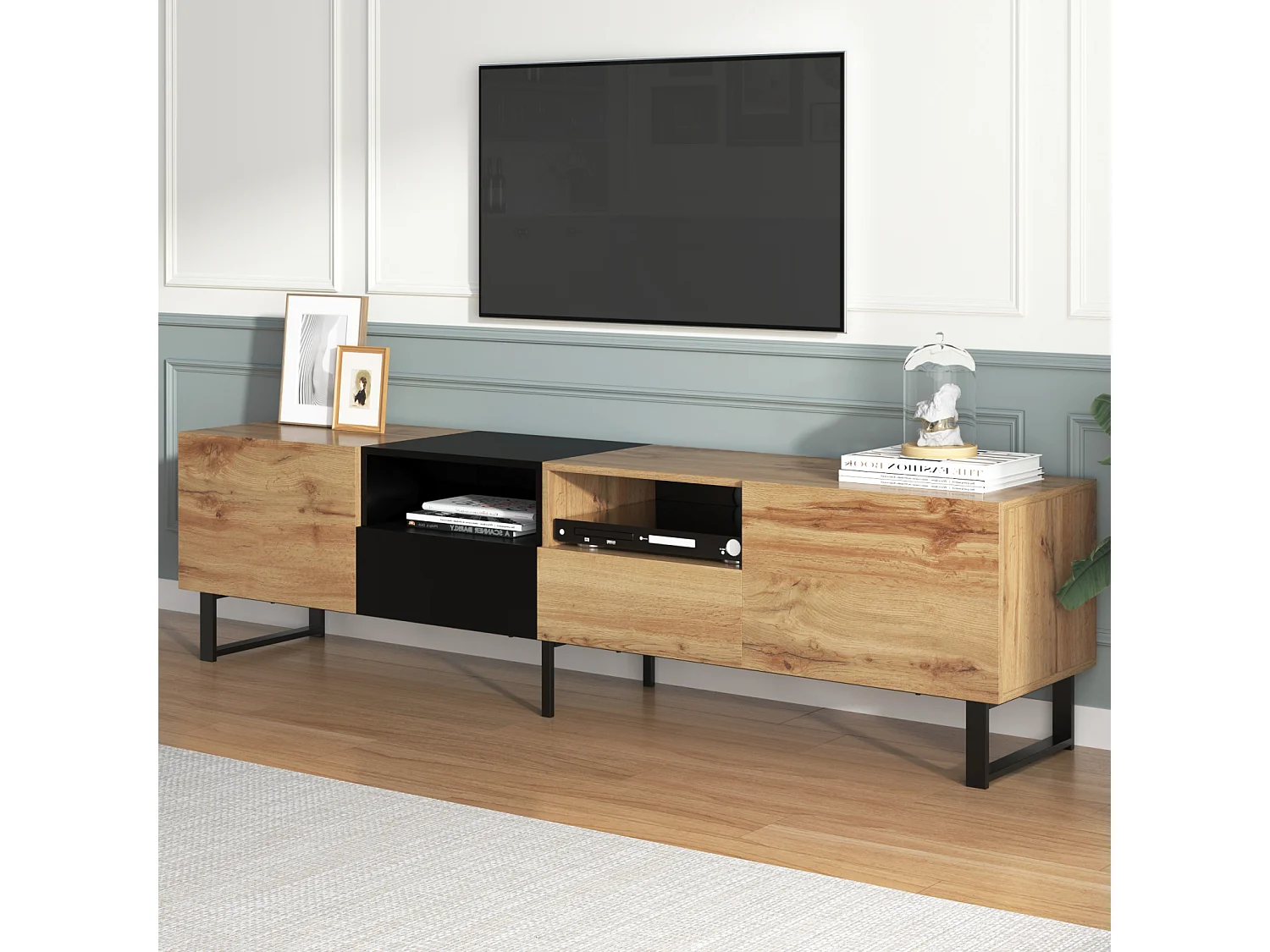 Houten tv-meubel, 2 deuren en 2 lades, opbergruimte voor woonkamer of slaapkamer, 190x38x48 cm, hout en zwart