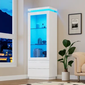 Hoogglans glazen vitrinekast met LED's – 60 x 40 x 171 cm – met 2 laden + glazen deuren – spaanplaat – wit Hoogglans glazen vitrinekast met LED's – 60 x 40 x 171 cm – met 2 laden + glazen deuren – spaanplaat – wit