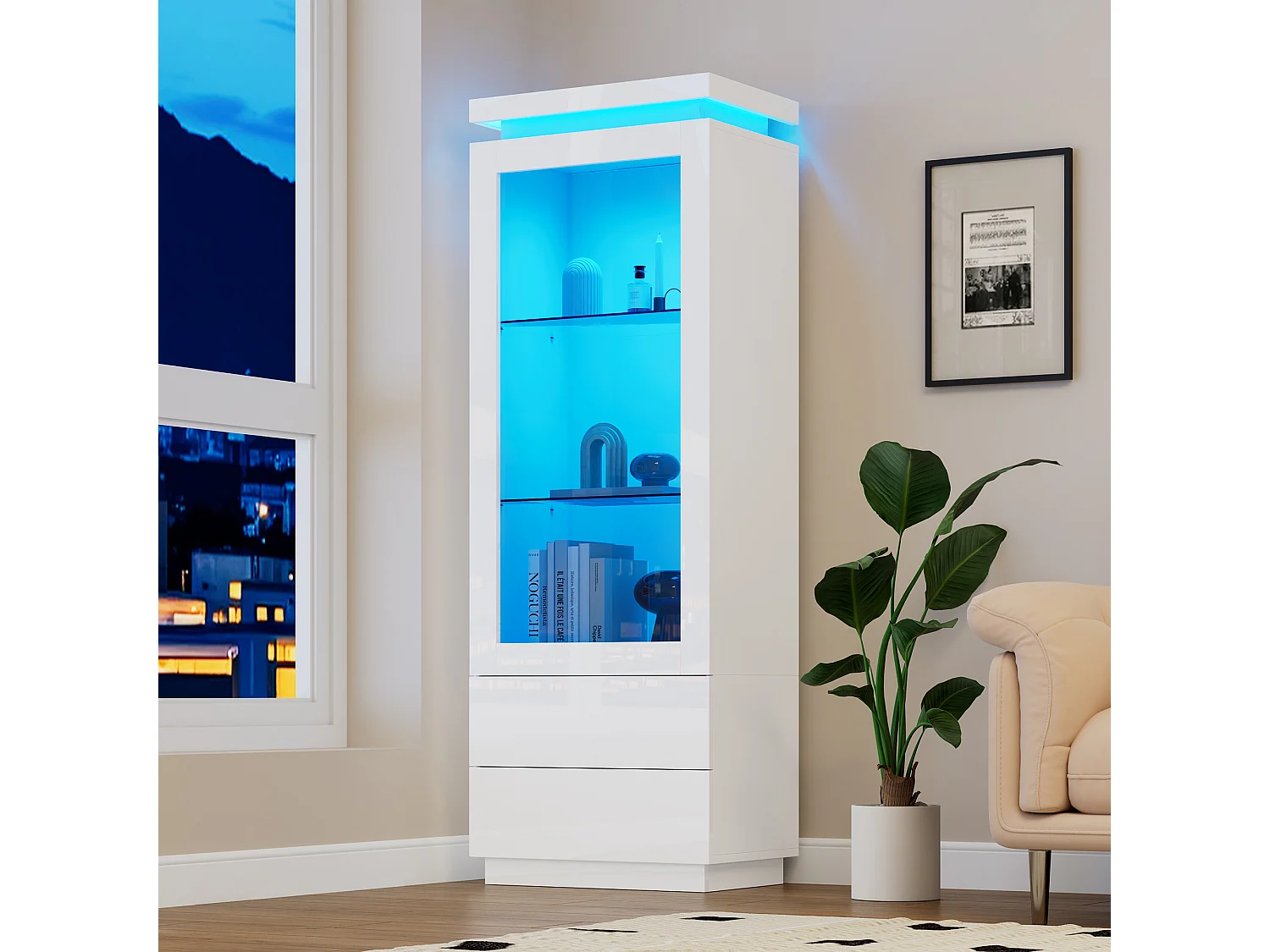 Hoogglans glazen vitrinekast met LED's - 60 x 40 x 171 cm - met 2 laden + glazen deuren - spaanplaat - wit