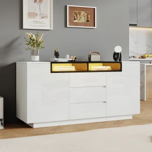 Hoogglans dressoir met 2 deuren + 3 laden + LED's – 140 x 60 x 48 cm – spaanplaat – wit Hoogglans dressoir met 2 deuren + 3 laden + LED's – 140 x 60 x 48 cm – spaanplaat – wit