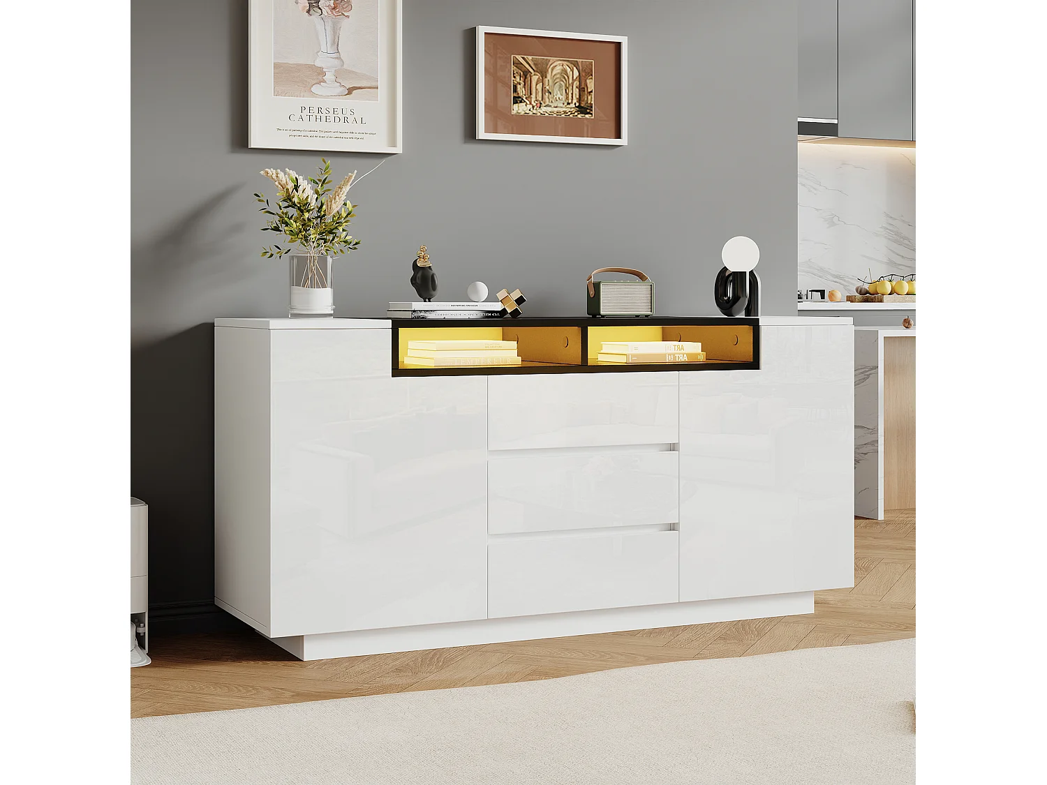 Hoogglans dressoir met 2 deuren + 3 laden + LED's - 140 x 60 x 48 cm - spaanplaat - wit