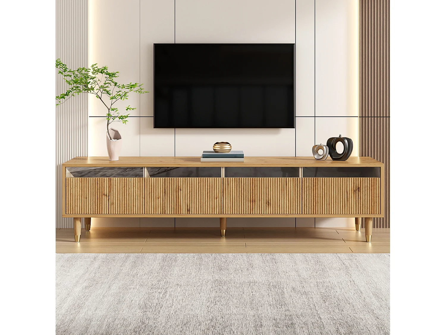 Houten tv-meubel met 4 lades, houten en acryl lade 178x35x45cm