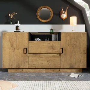 Houten dressoir met 2 deuren en 2 laden, houten blad en gehard glas 140x40x70 cm Houten dressoir met 2 deuren en 2 laden, houten blad en gehard glas 140x40x70 cm