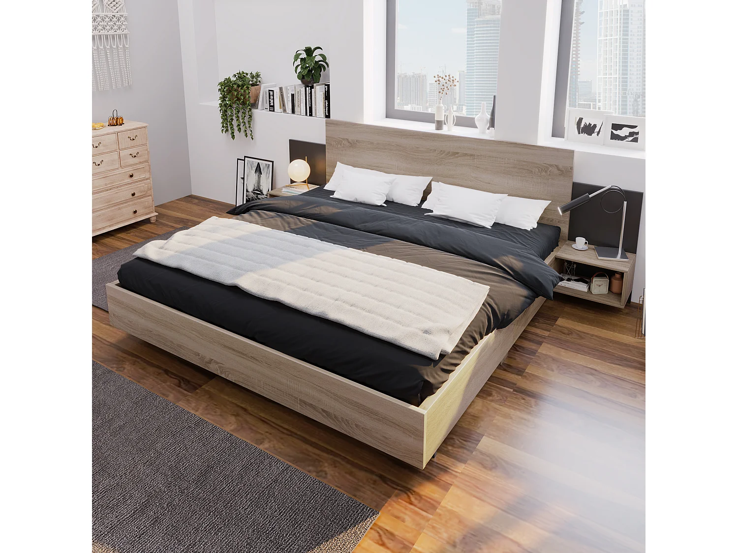 Houten tweepersoonsbed - 160 x 200 cm - met 2 nachtkastjes + hoofdeinde - hout - naturel