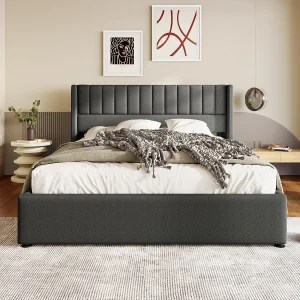 Hydraulisch opbergbed 140×200 cm, grijs, met een gestoffeerde hoofdbord en praktische opbergruimte