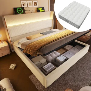 Hydraulisch opbergbed met hoofdeinde + LED's en USB/Type-C-poorten – 160 x 200 cm – linnen – beige (met matras) Hydraulisch opbergbed met hoofdeinde + LED's en USB/Type-C-poorten – 160 x 200 cm – linnen – beige (met matras)