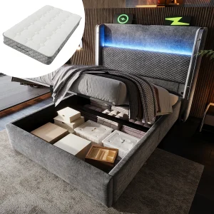 Hydraulisch opbergbed met hoofdeinde + LED's en USB/Type-C-poorten – 90 x 200 cm – linnen – grijs (met matras) Hydraulisch opbergbed met hoofdeinde + LED's en USB/Type-C-poorten – 90 x 200 cm – linnen – grijs (met matras)