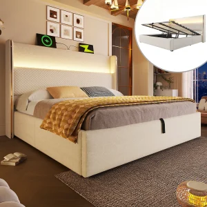 Hydraulisch opbergbed met hoofdeinde + LED's en USB/Type-C-poorten – 140 x 200 cm – linnen – beige Hydraulisch opbergbed met hoofdeinde + LED's en USB/Type-C-poorten – 140 x 200 cm – linnen – beige