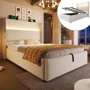 Hydraulisch opbergbed met hoofdeinde + LED's en USB/Type-C-poorten – 90 x 200 cm – linnen – beige Hydraulisch opbergbed met hoofdeinde + LED's en USB/Type-C-poorten – 90 x 200 cm – linnen – beige