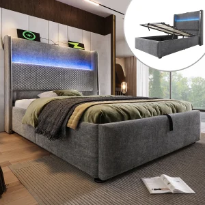 Hydraulisch opbergbed met hoofdeinde + LED's en USB/Type-C-poorten – 90 x 200 cm – linnen – grijs Hydraulisch opbergbed met hoofdeinde + LED's en USB/Type-C-poorten – 90 x 200 cm – linnen – grijs