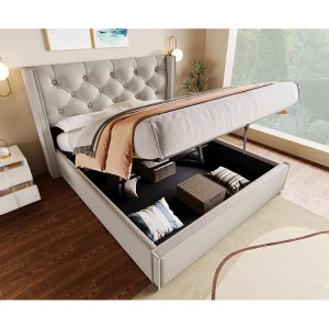 Hydraulisch dubbelbed 140×200 cm, met metalen lattenbodem, modern bedframe met opbergruimte, katoen, lichtgrijs
