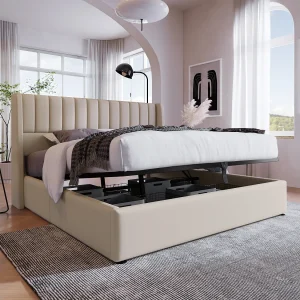 Hydraulisch opbergbed 180×200 cm, beige, met een gestoffeerde hoofdeinde en veel opbergruimte Hydraulisch opbergbed 180×200 cm, beige, met een gestoffeerde hoofdeinde en veel opbergruimte