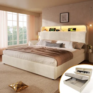 Hydraulisch opbergbed – 160 x 200 cm – verstelbaar hoofdeinde met opbergruimte – met LED's + USB/Type-C – fluweel – beige Hydraulisch opbergbed – 160 x 200 cm – verstelbaar hoofdeinde met opbergruimte – met LED's + USB/Type-C – fluweel – beige