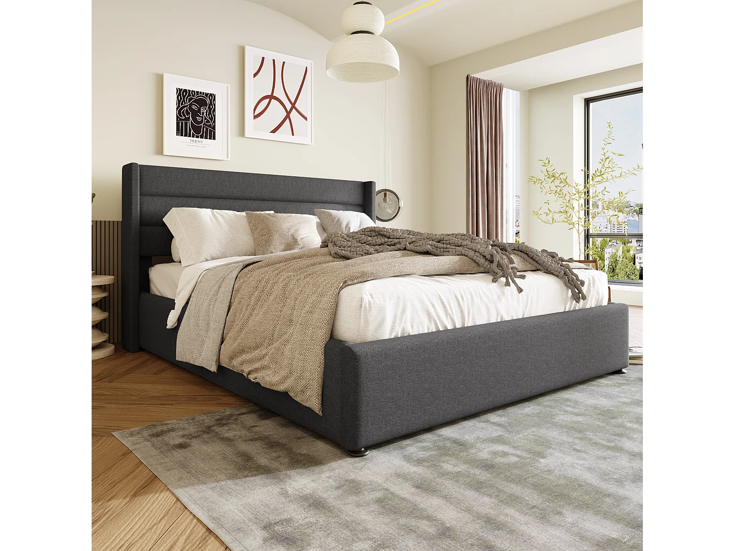 Hydraulisch opbergbed 140x200 cm, grijs, met gestoffe hoofdsteun en veel opbergruimte