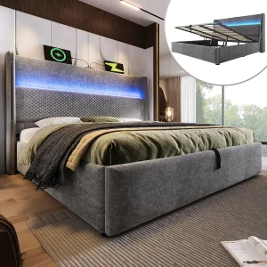 Hydraulisch opbergbed met hoofdeinde + LED's en USB/Type-C-poorten – 140 x 200 cm – linnen – grijs Hydraulisch opbergbed met hoofdeinde + LED's en USB/Type-C-poorten – 140 x 200 cm – linnen – grijs