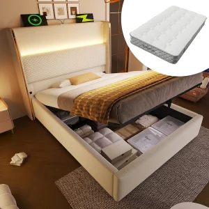 Hydraulisch opbergbed met hoofdeinde + LED's en USB/Type-C-poorten – 90 x 200 cm – linnen – beige (met matras) Hydraulisch opbergbed met hoofdeinde + LED's en USB/Type-C-poorten – 90 x 200 cm – linnen – beige (met matras)