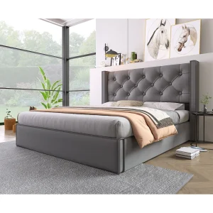 Hydraulisch dubbelbed 140×200 cm, met metalen lattenbodem en opbergruimte, katoen grijs, modern ontwerp