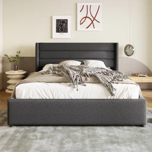Hydraulisch opbergbed 160×200 cm, grijs, met gestoffe hoofdbord en veel opbergruimte
