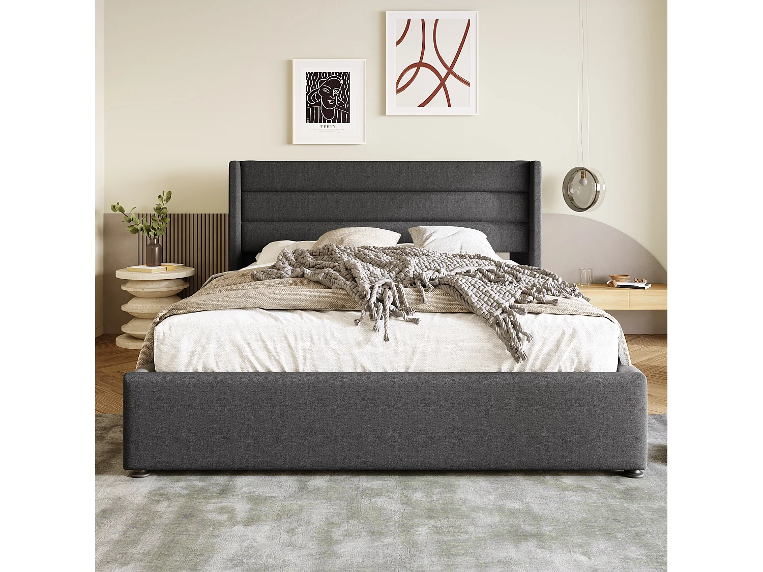 Hydraulisch opbergbed 160x200 cm, grijs, met gestoffe hoofdbord en veel opbergruimte