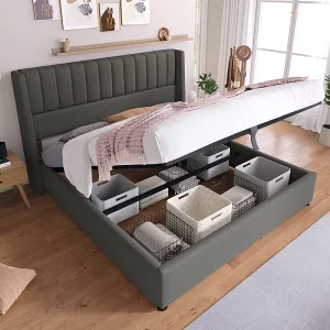 Hydraulisch opbergbed 160×200 cm in grijs linnen met gestoffeerde hoofdbord en opbergruimte