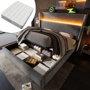 Hydraulisch opbergbed met hoofdeinde + LED's en USB/Type-C-poorten – 160 x 200 cm – linnen – grijs (met matras) Hydraulisch opbergbed met hoofdeinde + LED's en USB/Type-C-poorten – 160 x 200 cm – linnen – grijs (met matras)