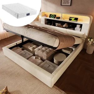 Hydraulisch opbergbed – 140 x 200 cm – verstelbaar hoofdeinde met opbergruimte – met LED's + USB/Type-C – fluweel – beige (met matras) Hydraulisch opbergbed – 140 x 200 cm – verstelbaar hoofdeinde met opbergruimte – met LED's + USB/Type-C – fluweel – beige (met matras)