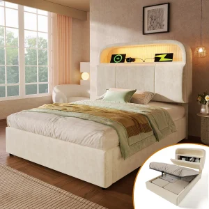 Hydraulisch opbergbed – 90 x 200 cm – verstelbaar hoofdeinde met opbergruimte – met LED's + USB/Type-C – fluweel – beige Hydraulisch opbergbed – 90 x 200 cm – verstelbaar hoofdeinde met opbergruimte – met LED's + USB/Type-C – fluweel – beige