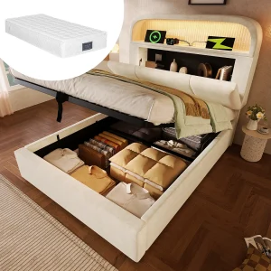 Hydraulisch opbergbed – 90 x 200 cm – verstelbaar hoofdeinde met opbergruimte – met LED's + USB/Type-C – fluweel – beige (met matras) Hydraulisch opbergbed – 90 x 200 cm – verstelbaar hoofdeinde met opbergruimte – met LED's + USB/Type-C – fluweel – beige (met matras)