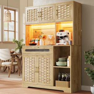 Hoge keukenkast voor woonkamer – 120 x 40 x 180 cm – met 1 lade + 6 deuren + LED's – Glas + MDF + metaal – natuurlijk