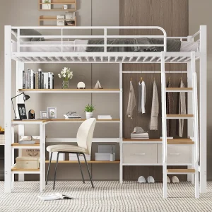 Hoogslaper van ijzer – 90 x 200 cm – met 2 stoffen lades + bureau + opbergplank – ijzer + MDF – wit + naturel Hoogslaper van ijzer – 90 x 200 cm – met 2 stoffen lades + bureau + opbergplank – ijzer + MDF – wit + naturel